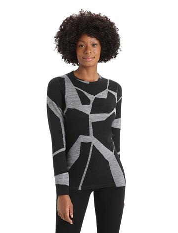 Women's Icebreaker Merino 250 Vertex Long Sleeve Crewe Thermal Top Fractured Landscapes Base Layers Black / Jet Heather | CA 1073OKIR